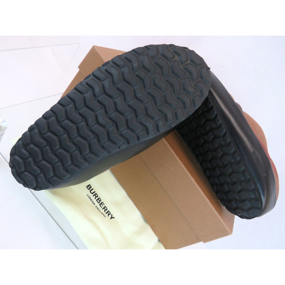 $620 BURBERRY NORTHAVEN BROWN QUILTED CHECK BLACK LEATHER LOGO SLIPPERS 44 US 11 - Picture 9 of 14